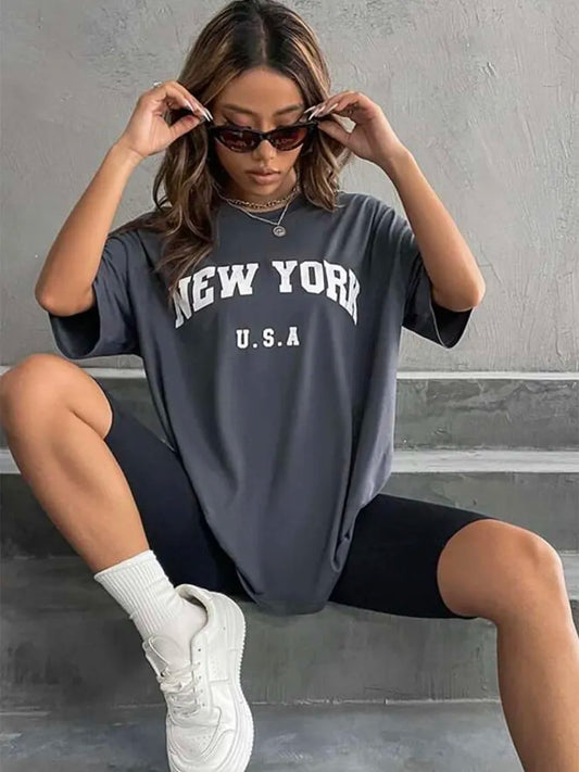 Blessyuki New York Letter Print T-shirts Female Summer Basic O-neck Tees Casual Retro Streetwear Ladies Harajuku Plus Size Tops