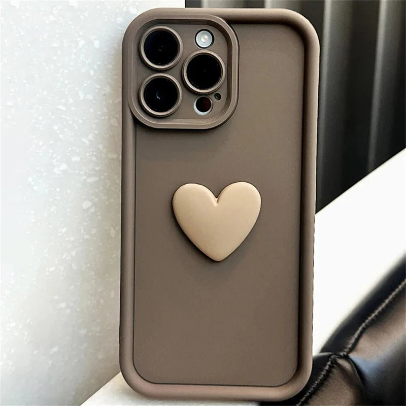 Fashion Cute 3D Love Heart Phone Case For iPhone 11 12 13 14 15 Pro Max 14plus XS Max XR X 7 8 Plus Solid Color Shockproof Cover