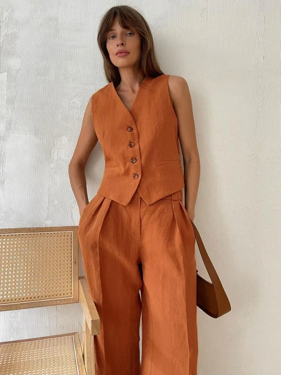 Summer Office Elegance: Linen Vest & Pants Set