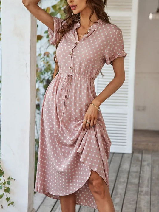 Polka Dot Print Shirt Dress Women Casual Midi Holiday Summer Dress