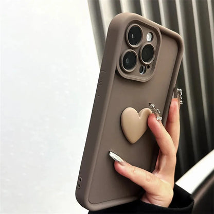 Fashion Cute 3D Love Heart Phone Case For iPhone 11 12 13 14 15 Pro Max 14plus XS Max XR X 7 8 Plus Solid Color Shockproof Cover