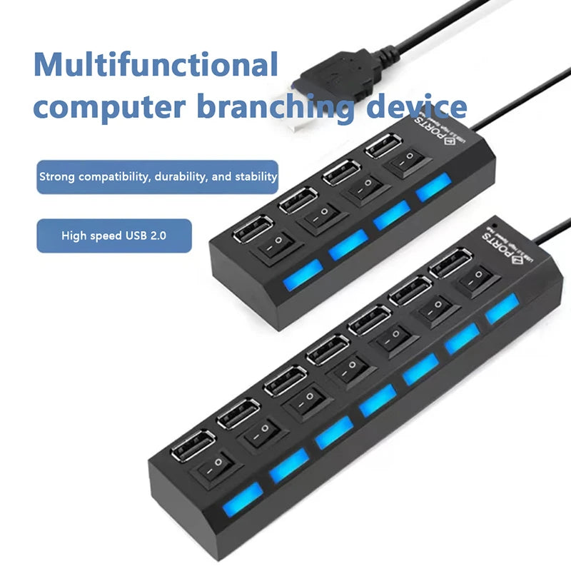 USB 2.0 Hub Multi USB Splitter Ports Hub Use Power Adapter4/ 7 Port Multiple Expander Hub With Switch 30CM Cable For Home