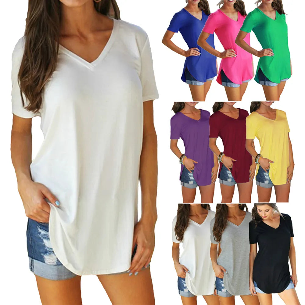 Summer solstice V-NECK SOLID COLOR LOOSE FIT TEE