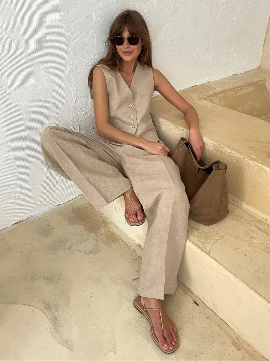 Summer Office Elegance: Linen Vest & Pants Set