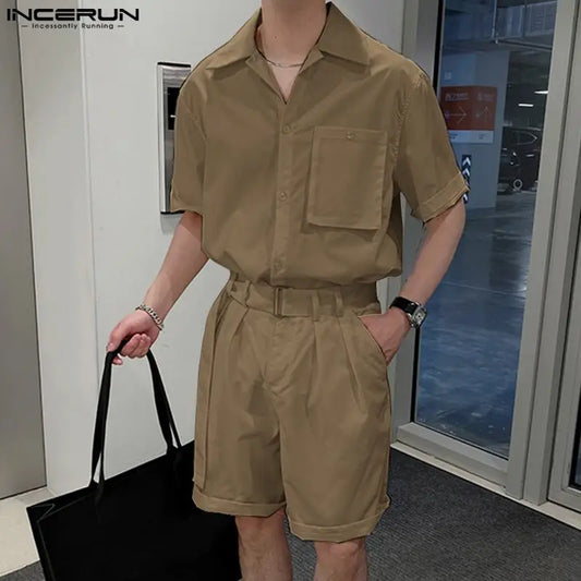 2024 Summer Streetwear Men's Solid 2-Piece Set: Shirt & Shorts